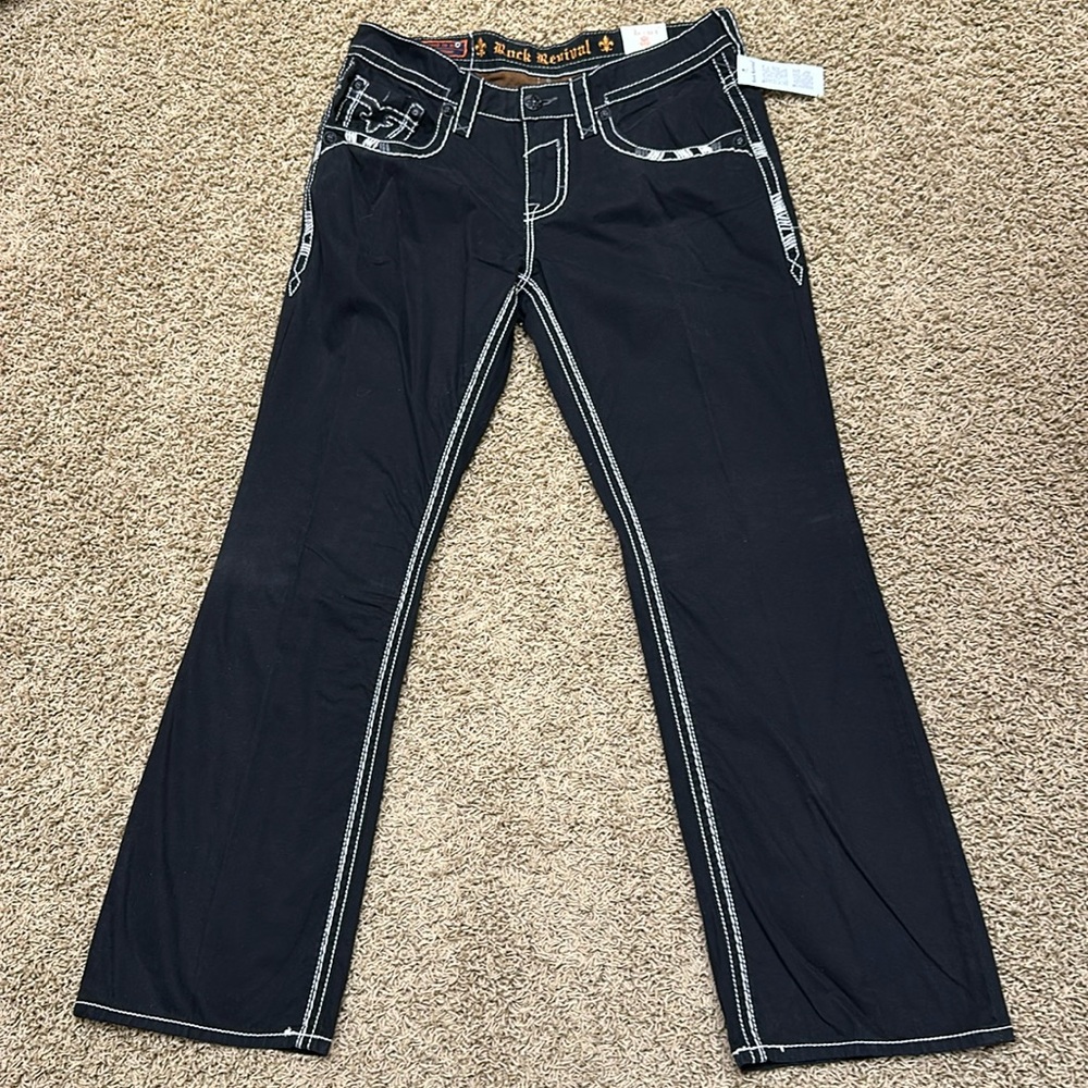 Men’s sz 34/32 Rock revival black twill Boot jeans new